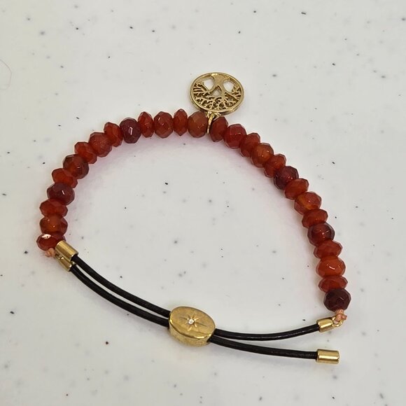 Fossil Tree Of Life Bracelet Orange Beaded Gold Tone Charm Adjustable Stretch - Picture 5 of 8